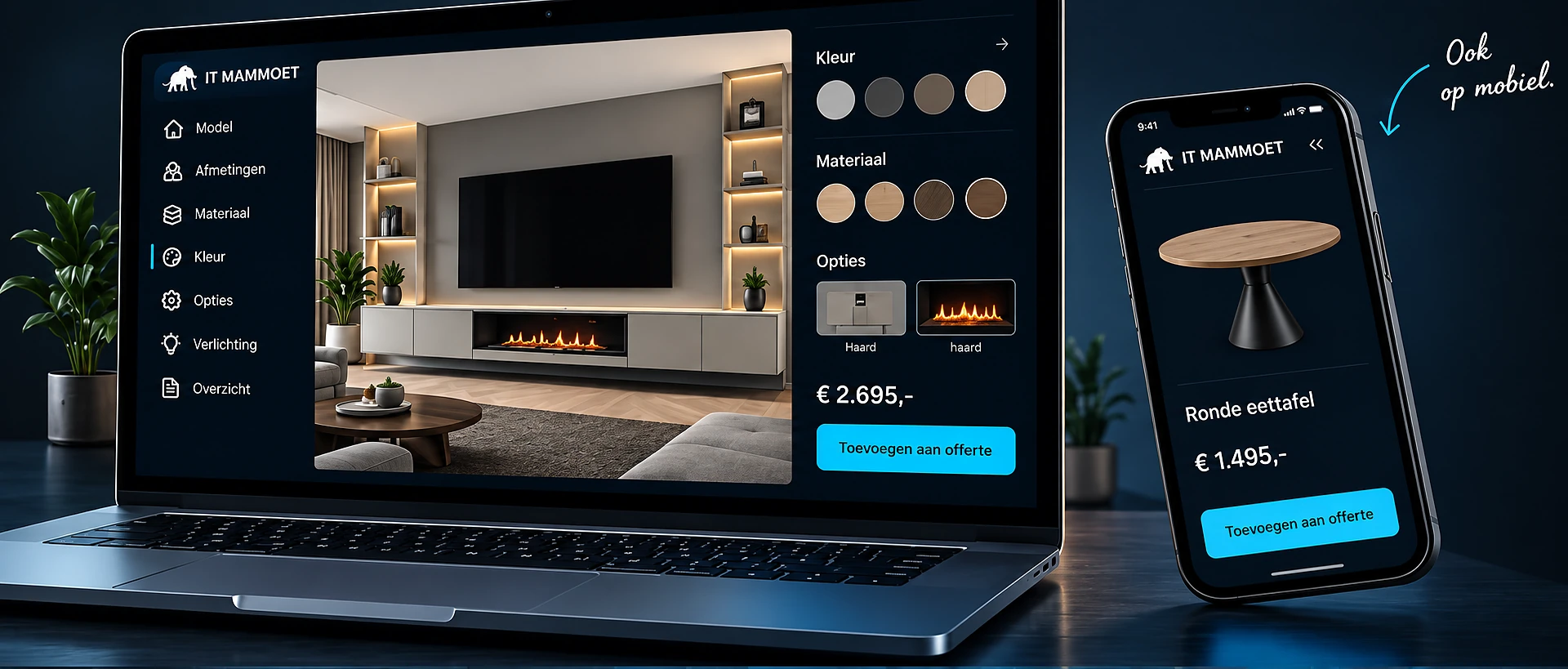 De 3D-configurator op laptop en telefoon: een tv-meubel met haard wordt samengesteld met kleur, materiaal en opties
